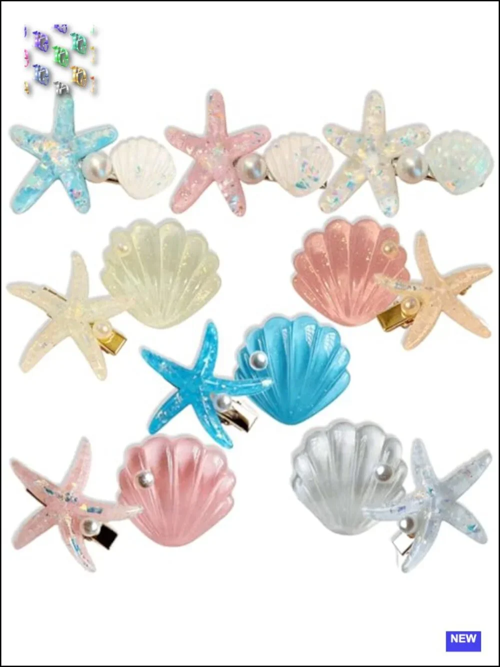 13 Piece Starfish & Shell Pearl Hair Clip Set Ocean Themed Acrylic Hair